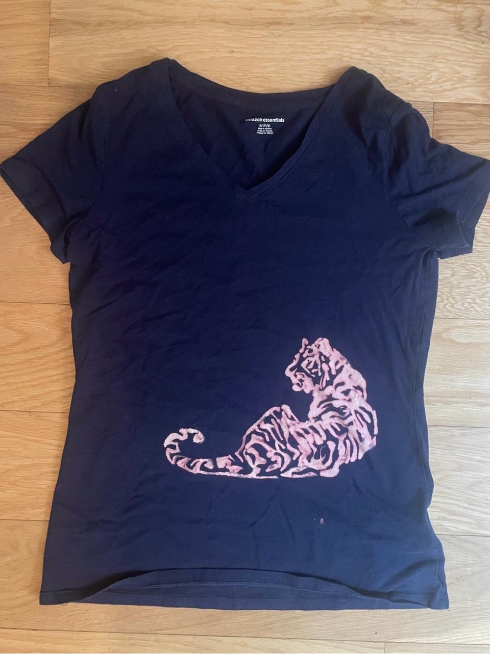 Unique: Handmade Tiger Print Women's Navy V-Neck Tshirt size S